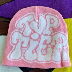 Pink and White Graphic Knit Beanie Hat